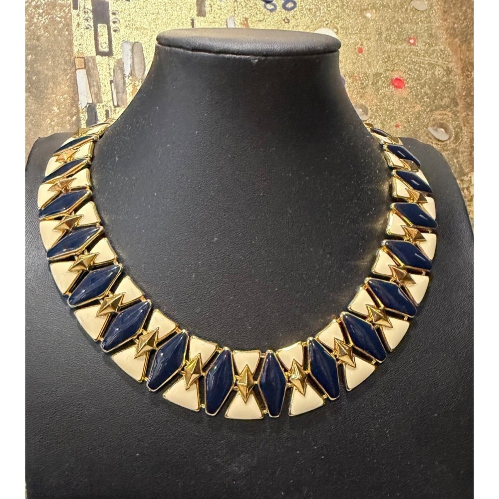 Gold Tone Monet Signed Crean Blue Enamel Egyptian Revival‎ Necklace Collar VTG